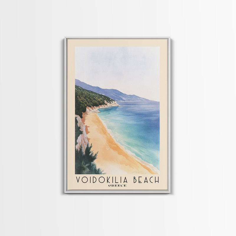 Voidokilia Beach, Greece Watercolor Beach Print, Vacation Gift, Greece Wall Art, Framed Canvas Print, Framed Beach Painting