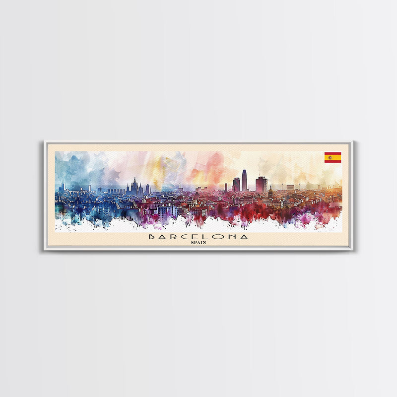 Barcelona Spain Travel Art, City Art, Framed Canvas Print or Metal Wall Art, Europe Travel Poster, Panoramic Wall Art, Extra Wide Wall Art