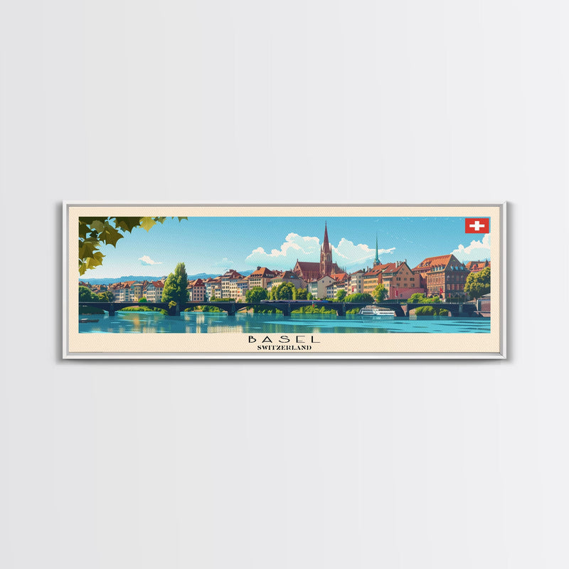 Basel SwitzerlandTravel Art, City Art, Framed Canvas Print or Metal Wall Art, Europe Travel Poster, Panoramic Wall Art, Extra Wide Wall Art