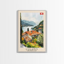 Lugano Switzerland Travel Poster Framed Canvas Print, Lakeside Cityscape, Watercolor Painting, Wall Art, Home Decoration, Travel Print, Artistic Gift