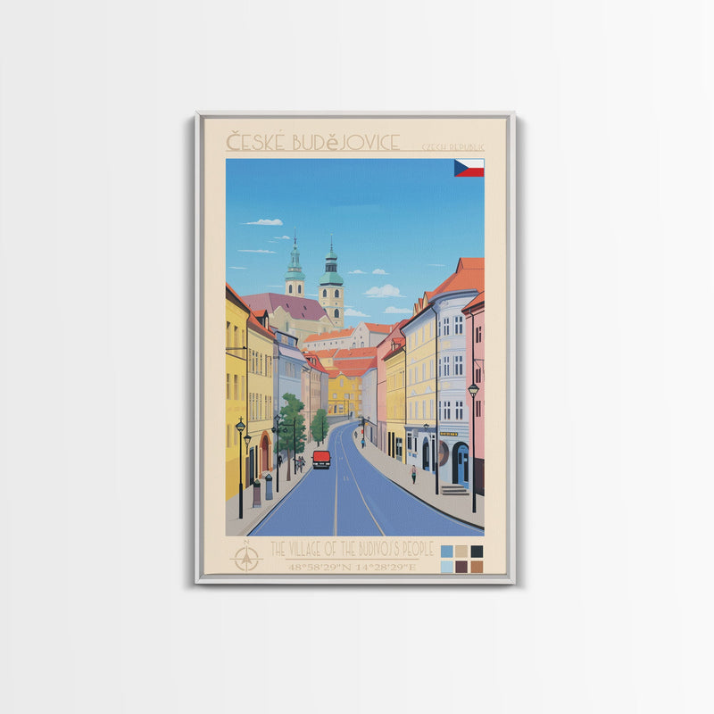 ÄŒeskÃ© BudÄ›jovice Czech Republic Travel Poster Framed Canvas Print, Midcentury Modern Art, Pop Art Decor, Living Room Wall Art