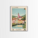 La Louvière Belgium Travel Poster Framed Canvas Print, Midcentury Modern Art, Pop Art Wall Decor, Scenic Living Room Art, Bedroom Gift