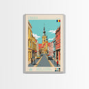 Oradea Romania Travel Poster Framed Canvas Print, Midcentury Modern Art, Pop Art Wall Decor, Scenic Bedroom Art, Office Decoration