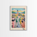 Pécs Hungary Travel Poster Framed Canvas Print, Midcentury Modern Art, Pop Art Wall Decor, Living Room Art, Home Decoration