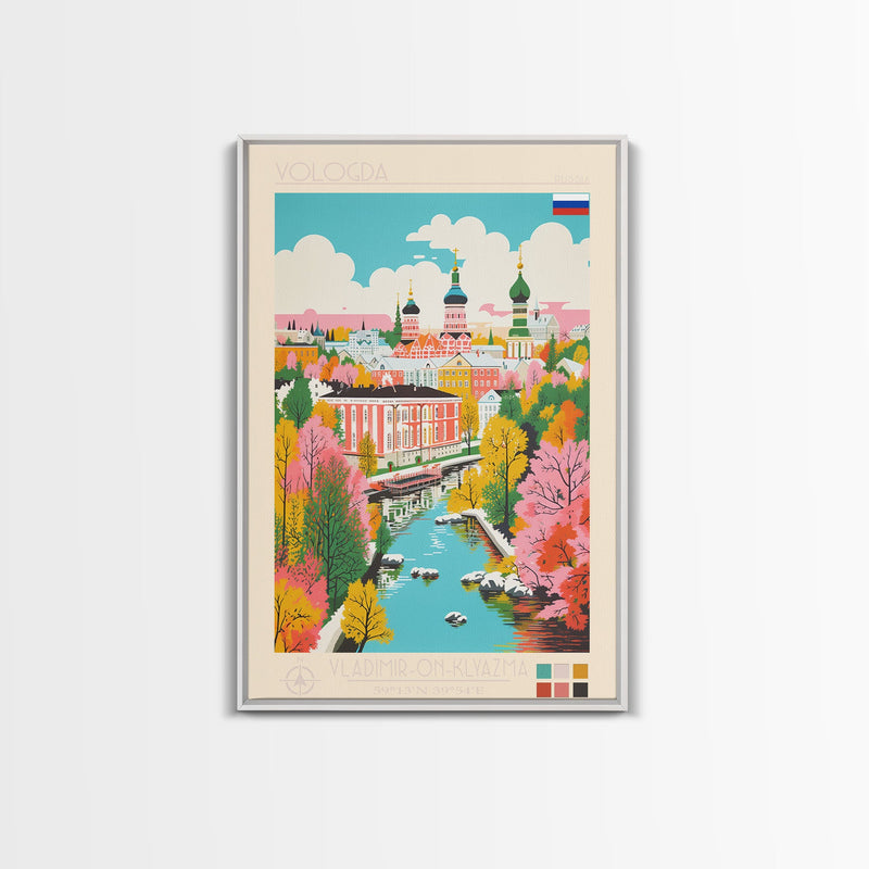 Vologda Russia Travel Poster Framed Canvas Print, Midcentury Modern Art, Pop Art Wall Decor, Living Room Art, Home Decoration