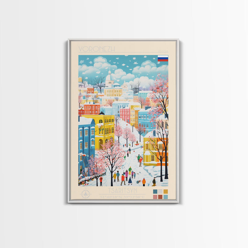 Voronezh Russia Travel Poster Framed Canvas Print, Midcentury Modern Art, Pop Art Wall Decor, Living Room Art, Scenic Wall Art