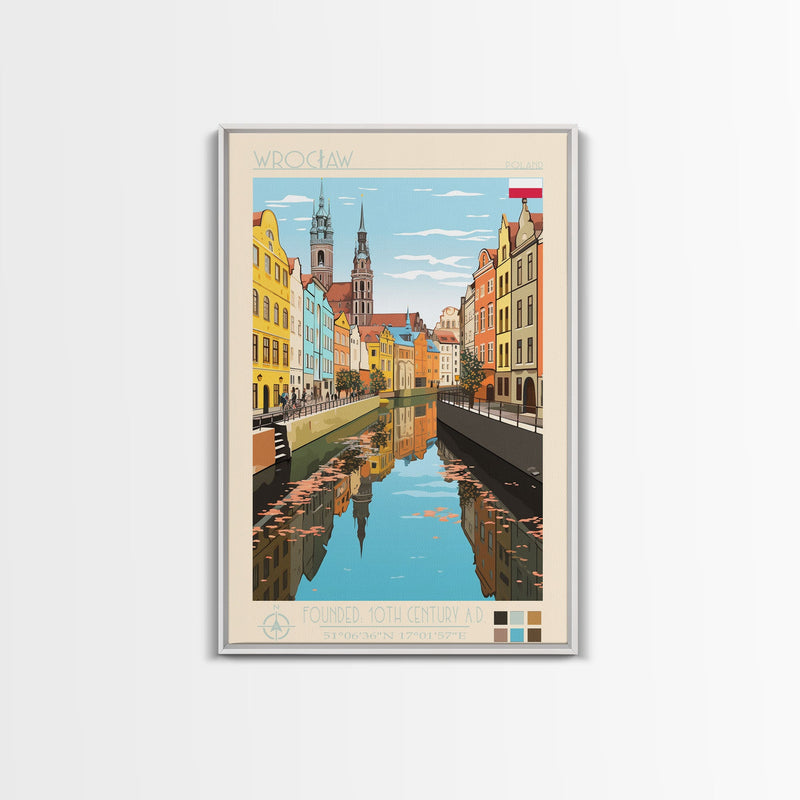 WrocÅ‚aw Poland Travel Poster Framed Canvas Print, Midcentury Modern Art, Pop Art Wall Decor, Living Room Art, Scenic Wall Art