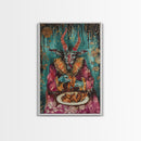 A demon eating some hot wings - hope he didn't sell his soul for them they look pretty good! Halloween Wall Art Framed Canvas