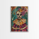 Day of the Dead Doll with Floral Crown Framed Canvas Print, Halloween Art, Creepy Wall Art, Spooky Home Decor, Scary Art, Unique Wall Decor