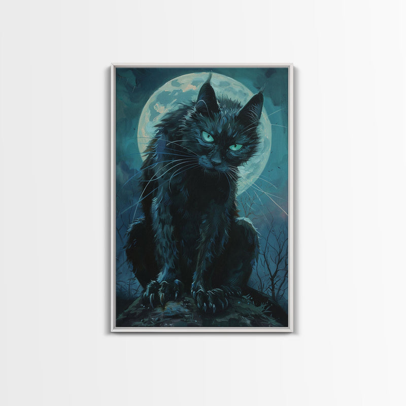 Black Cat with Piercing Eyes Against Full Moon | Halloween Wall Art | Spooky Home Decor | Creepy Black Cat Painting | Framed Canvas Print