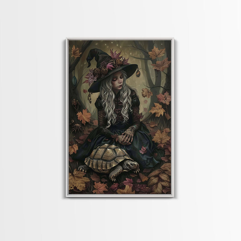 Witch with Turtle in Autumn Forest - Halloween Wall Art - Spooky Home Decor - Unique Witch Painting - Halloween Gift for Nature Lovers