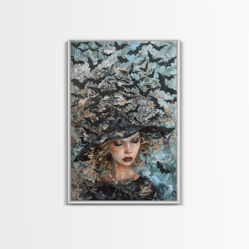 Witch in Bat Swarm - Spooky Halloween Wall Art - Creepy Home Decor - Witch and Bats Painting - Perfect Halloween Decoration