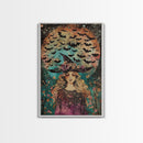Witch with Bats and Full Moon, Framed Canvas Print, Spooky Witch Art, Halloween Night, Witch Illustration, Enchanted Decor