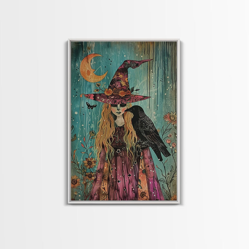 Witch with Owl in Magical Forest - Halloween Art, Gothic Art, Spooky Decor, Dark Magic Art, Enchanted Woods, Framed Canvas Print