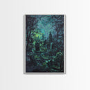 Spooky Cemetery with Glowing Lights Framed Canvas Print, Wall Art, Halloween Graveyard Art, Eerie Home Decor, Haunted Forest Painting