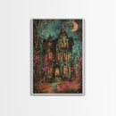 Enchanted Gothic House Framed Canvas Print, Halloween Wall Art, Spooky Art, Home Decor, Living Room Decor, Gothic Artwork, Haunted House