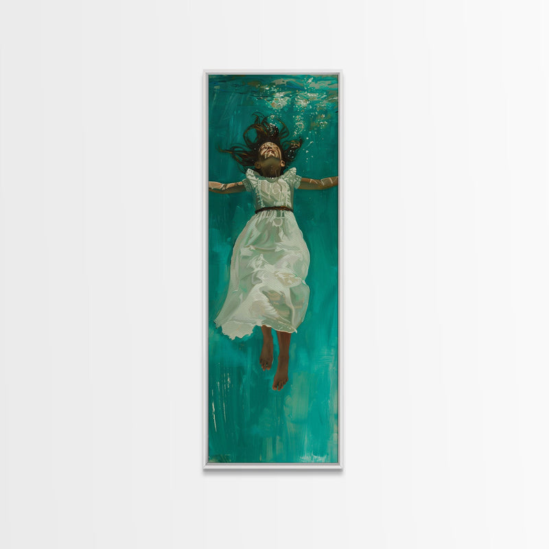 Abstract Modern Canvas Art of Woman Underwater, Ocean Wall Art, Coastal Wall Art Print, Oversized Tall and Narrow Canvas Art