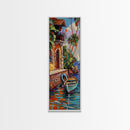 Tall and Narrow Rustic Canvas Painting of Venetian Coast Framed, Textured Wall Art, Colorful Art for Kitchen, Abstract Ocean Wall Art Print