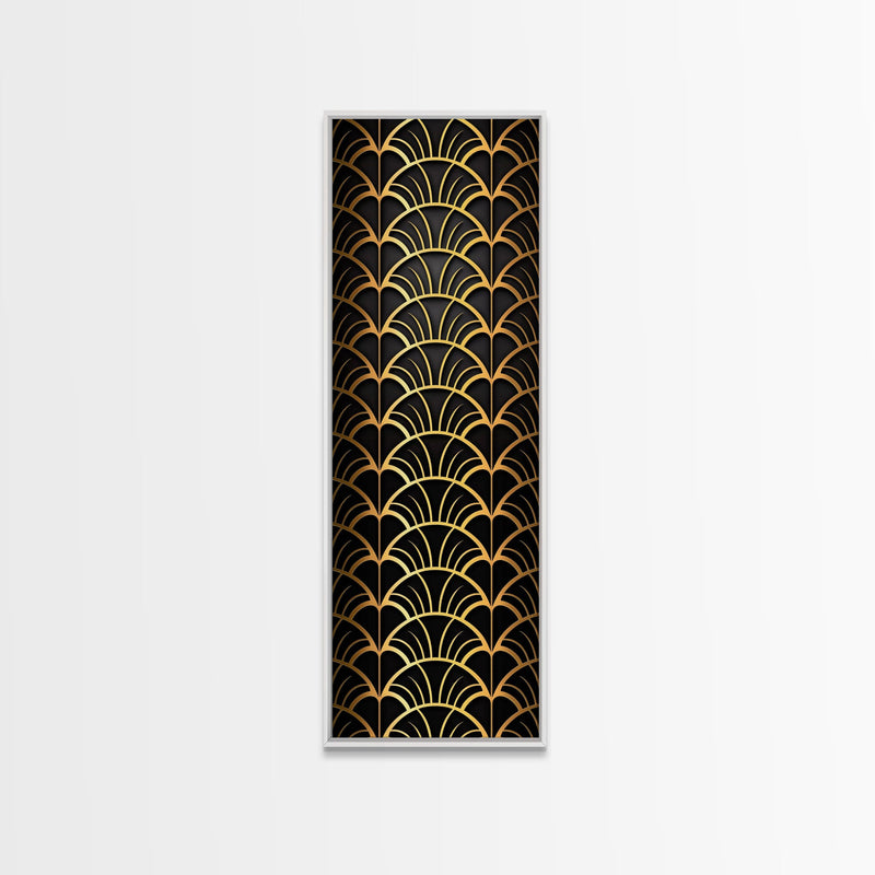 Abstract Gold Geometric Pattern on Black Background - Framed Canvas Print, Art Deco Style, Skinny Art, Tall Art, Midcentury Modern Art, Living Room Wall Decor