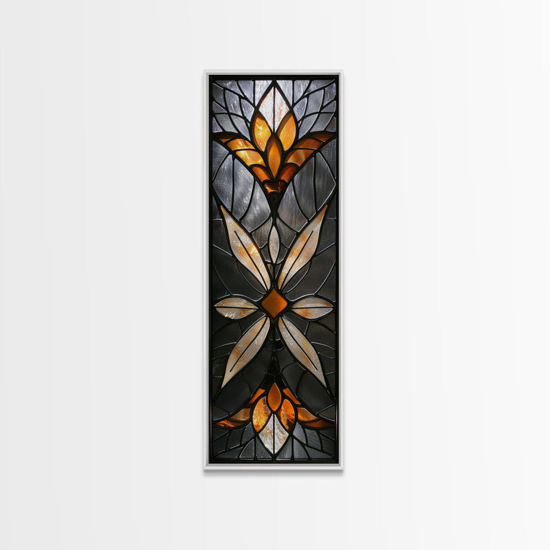 Amber and White Stained Glass Floral Design - Framed Canvas Print, Midcentury Modern Art, Skinny Art, Tall Art, Living Room Wall Decor, Boho Art