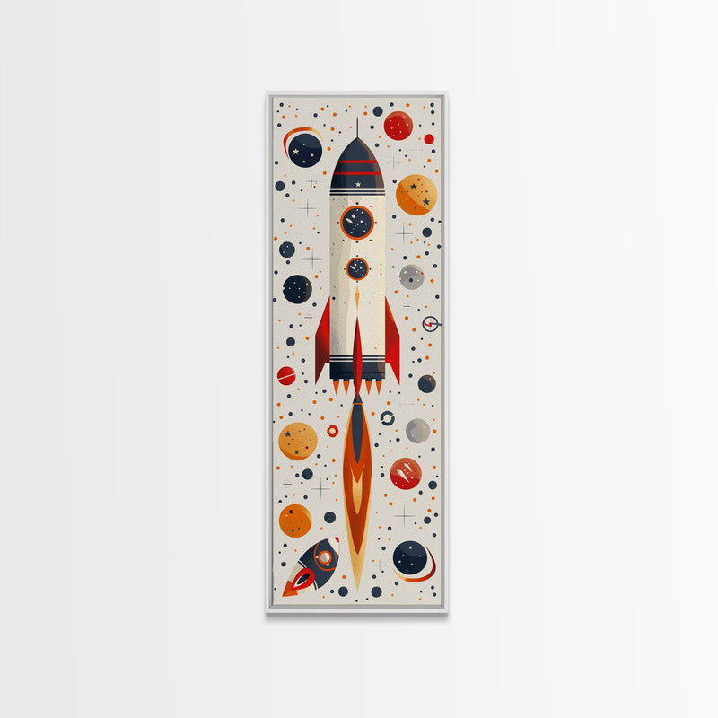 Art Deco Rocket Ship Atomic Age Wall Art, Retro MCM Inspired Framed Canvas Print, Mid-century Modern Nursery Decor