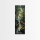 Peaceful Forest Stream in the Early Morning Light, Skinny and Tall Art, Framed Canvas Print, Cozy Wall Art Decor
