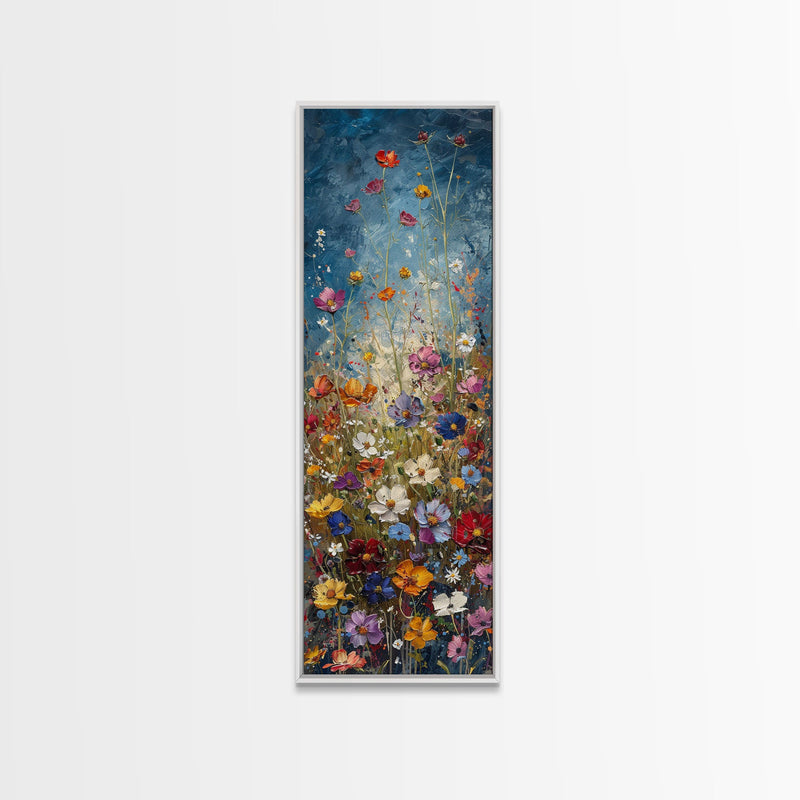 Wildflowers Blooming Against a Dramatic Sky in a Lush Meadow on a Framed Canvas Print Tall Art Piece