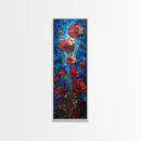 Red Poppies on Textured Blue Canvas as Tall Skinny Art Framed Canvas Print Perfect for Bold Wall Decor in Modern Spaces