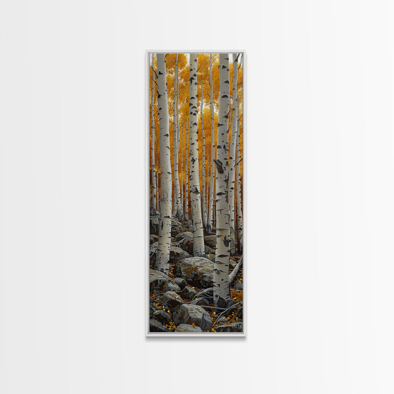 Birch Tree Forest, Framed Canvas Print, Skinny / Tall Wall Art, Living Room Decor, Landscape Painting, Nature Decor