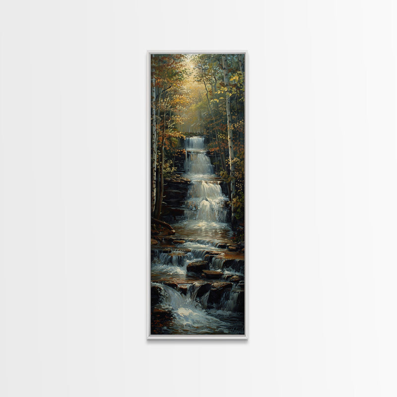 Beautiful Stream Cascading Waterfalls In The Forest at Golden Hour, Framed Canvas Print, Boho Style Landscape Painting Print