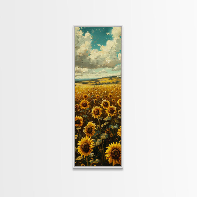 Bright Sunflowers Field Warm Countryside Farmhouse Wall Art Framed Canvas Print Tall Art Ukiyo-e Japanese Style Art