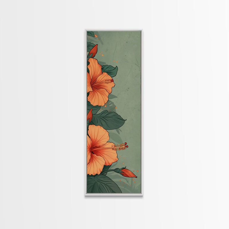 Bright Hibiscus Flowers Ukiyo-e Inspired Art, Framed Canvas Print Ideal for Tall Skinny Spaces, Japanese Floral Design