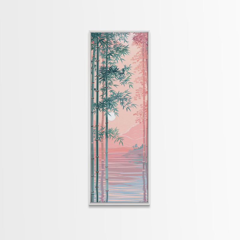 Bamboo Forest, Soft Pink Light, Japanese Art, Skinny Art, Tall Art, Framed Canvas Print, Ukiyo-e Style