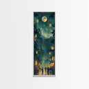 Framed Canvas Print Of A Nighttime Japanese Festival Scene With Lanterns And Pine Trees, Traditional Wall Art Ready To Hang