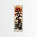 Majestic Bonsai Tree Under the Golden Sun Skinny Art Ukiyo-e Tall Framed Canvas Print with Mountain Landscape