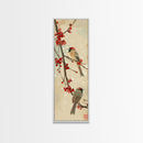 Skinny Art Sparrows And Cherry Blossoms In Japanese Style Wood Block Print Gentle Color Palette On Framed Canvas Print, Tall Art Ukiyo-e