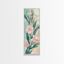 Skinny Art Pink Oleander Flowers In Japanese Style Wood Block Print Elegant Pastel Hues On Framed Canvas Print, Tall Art Ukiyo-e