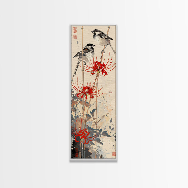 Blossoming Pink Flowers Bold Red Accents Skinny Art Tall Art Framed Canvas Print Japanese Style Art Ukiyo-e Art Wood Block Print Feminine