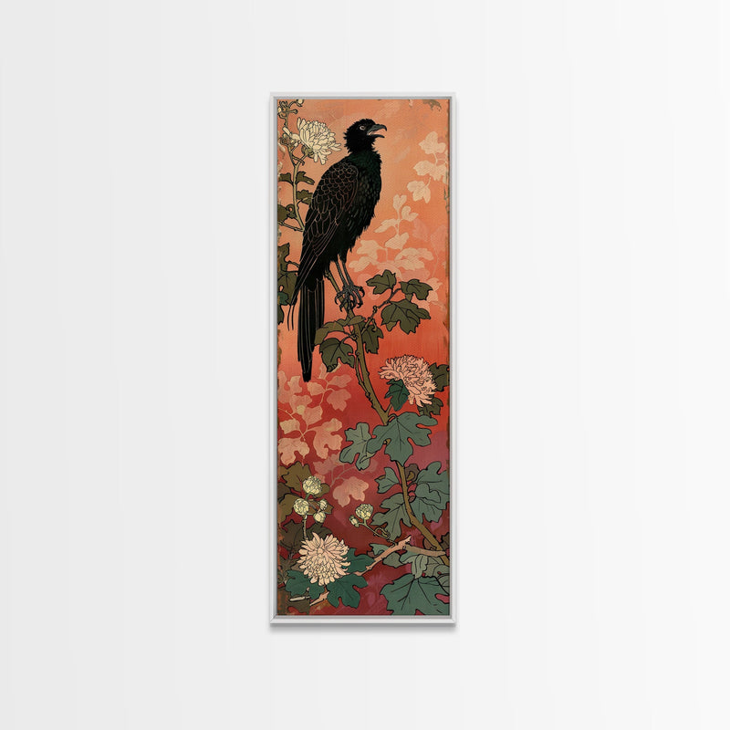 Black Bird On Flowering Branch With Orange Background Tall Art Skinny Art Framed Canvas Print Japanese Style Art Ukiyo-e Wood Block Print