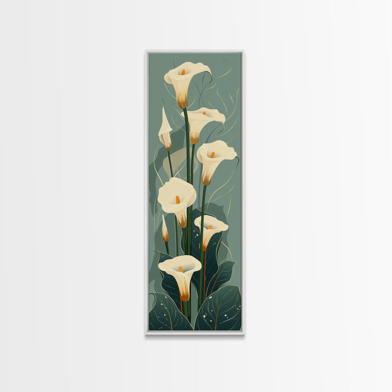 White Calla Lilies on Green Background, Tall Framed Canvas Print in Japanese Ukiyo-e Style Wall Art