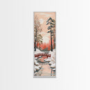 Serene Japanese Winter Landscape Highlighting A Red Bridge Snow-Covered Pines Under A Peaceful Sky Tall Framed Canvas Print Nature Scene