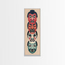 Bold Striking Japanese Kabuki Masks Vibrant Colors Depicted Traditional Style Tall Framed Canvas Print Cultural Home Decor