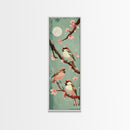 Delicate Sparrows Perched On Cherry Blossoms Under Full Moon Serene Nighttime Setting Captured Tall Framed Canvas Print Nature Scene