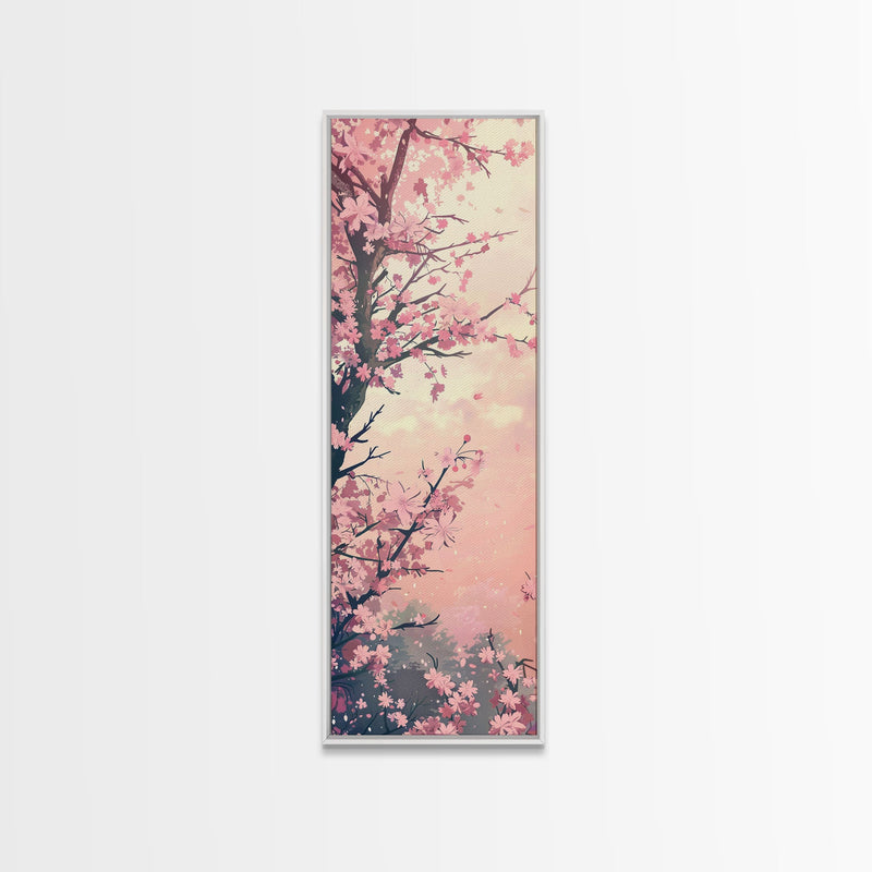 Beautiful Cherry Blossoms Blooming On Tree Branch Against Soft Pastel Background Captured Tall Framed Canvas Print Floral Home Decor