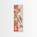 Japanese Bird Art Skinny Wall Art Framed Canvas Print Perched Bird on Branch with Cherry Blossoms and Petals in Soft Pastel Colors