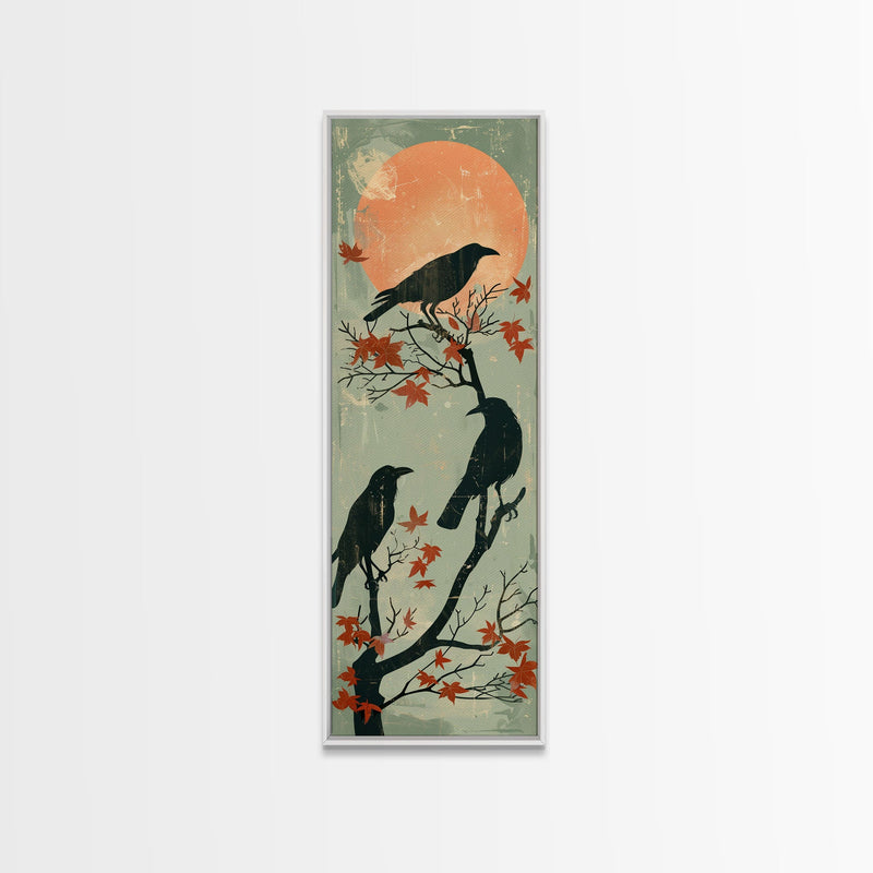 Black Crows Japanese Art Skinny Wall Art Framed Canvas Print on Branches with Red Maple Leaves Against Warm Orange Sun