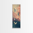 Ukiyo-e Art, Tall Art, Skinny Art, Japanese Style Art, Cranes In Flight Wood Block Print Framed Canvas Print