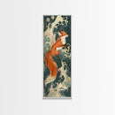 Japanese Style Art Depicting A Fox In Motion Against A Backdrop Of Foamy Waves, Skinny Art, Tall Art, Ukiyo-e Art, Framed Canvas Print, Wood Block Print