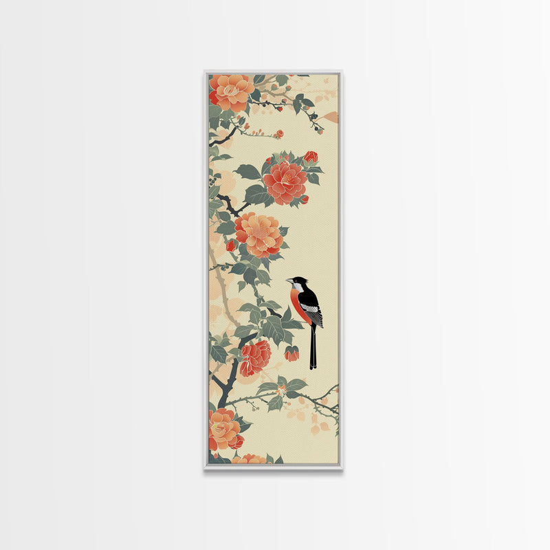 Bird Among Camellia Flowers On Light Background Skinny Art Ukiyo-e Wood Block Print Framed Canvas Print