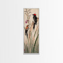 Detailed Woodpeckers Perched On Stems Amid Nature For Rustic Wall Art Ukiyo-e Japanese Style Art Skinny Framed Canvas Print
